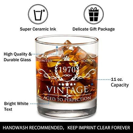 AOZITA 50th Birthday Gifts for Men - 1970 50th Birthday Decorations for Men, Party Supplies - 50th Anniversary Gifts Ideas for Him, Dad, Husband, Friends - 11oz Whiskey Glass