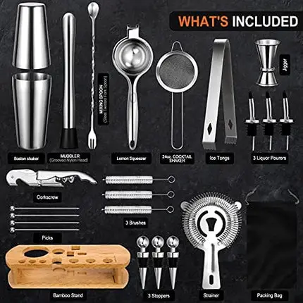 24-Piece Cocktail Shaker Bartender Kit with Stand, Boston Shaker, Mixing Spoon, Muddler, Measuring Jigger, Lemon Squeez, Tongs, Corkscrew, Liquor Pourers and More Professional Bar Tools
