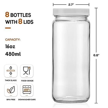 Aozita 8-Pack 16 oz Glass Juice Jars With Airtight Lids