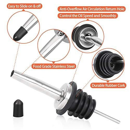[UPGRADED VERSION] 6 Pack Stainless Steel Classic Bottle Pourers Tapered Spout - Liquor Pourers with Rubber Dust Caps