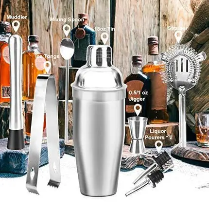 Stainless Steel Bartender Kit, Cocktail Shaker Bar Set with Martini Kit,Double Measuring Jigger,Mixing Spoon,Liquor Pourers,Muddler,Strainer and Ice Tongs| Professional Bartender Drink Making Tools
