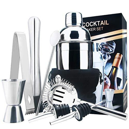 Stainless Steel Bartender Kit, Cocktail Shaker Bar Set with Martini Kit,Double Measuring Jigger,Mixing Spoon,Liquor Pourers,Muddler,Strainer and Ice Tongs| Professional Bartender Drink Making Tools