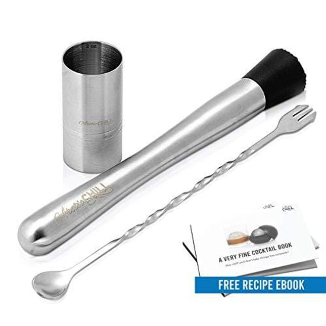 Arctic Chill 3 Piece Stainless Steel Muddling Tool Set, Grooved Nylon Head Muddler, Bar Mixing Spoon with Garnish Fork Tip, Double-Sided Cocktail Jigger, Perfect Professional Bartender Kit