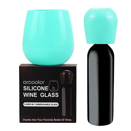 Arcoolor Silicone Wine Glass Bottle, 3 Uses In 1 Unbreakable Wine Cups, Bottle Stopper, Wines Glasses for Party Essentials Funny Gag Gift (12 Oz, Glowing Aqua Blue)