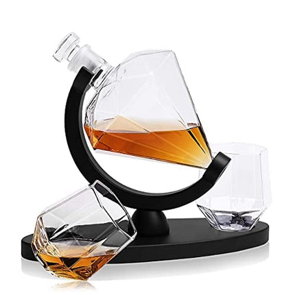 Whiskey Decanter Set with Glasses ARMZAS for Men and Women Diamond Decanter with 2 Drink Glasses and Wooden Stand, Cool Luxury Decanter for Vodka Wine Whisky Liquor Bourbon Christmas Gift Idea