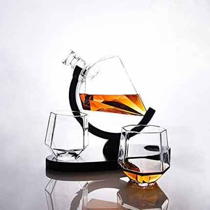 Whiskey Decanter Set with Glasses ARMZAS for Men and Women Diamond Decanter with 2 Drink Glasses and Wooden Stand, Cool Luxury Decanter for Vodka Wine Whisky Liquor Bourbon Christmas Gift Idea