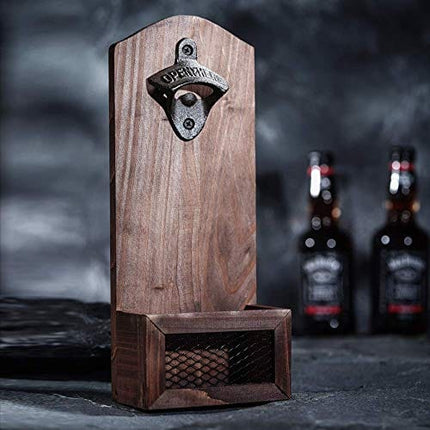 Bottle Opener with Cap Collector Catcher,Vintage Wooden Wall Mounted Bottle Opener，Ideal Gift for Men and Beer Lovers, Use as Bar Decoration.