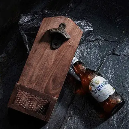 Bottle Opener with Cap Collector Catcher,Vintage Wooden Wall Mounted Bottle Opener，Ideal Gift for Men and Beer Lovers, Use as Bar Decoration.