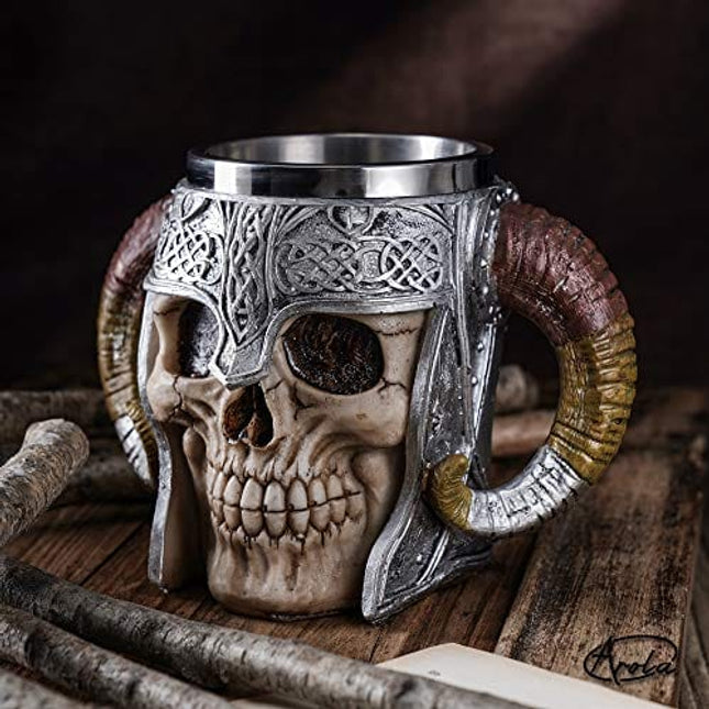 Stainless Steel Double Handle Horn Skull Beer Cup, Viking Warrior Skull Mug Tankard, Medieval Skull Drinkware Mug for Coffee/Beverage/Juice 17oz.