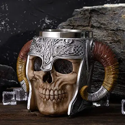 Stainless Steel Double Handle Horn Skull Beer Cup, Viking Warrior Skull Mug Tankard, Medieval Skull Drinkware Mug for Coffee/Beverage/Juice 17oz.