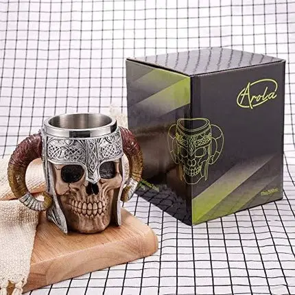 Stainless Steel Double Handle Horn Skull Beer Cup, Viking Warrior Skull Mug Tankard, Medieval Skull Drinkware Mug for Coffee/Beverage/Juice 17oz.