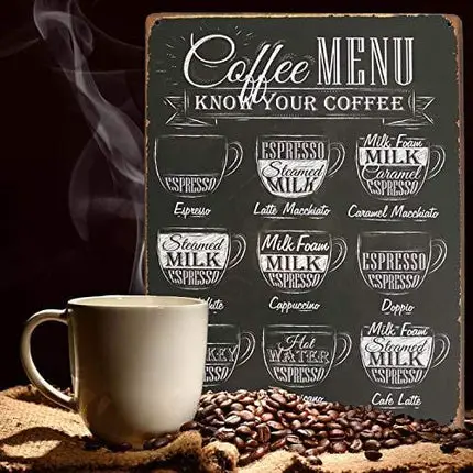 ARTCLUB Coffee Menu Know Your Coffee Latte Espresso Metal Tin Sign, Vintage Antique Plaque Poster Kitchen Home Cafe Wall Decor