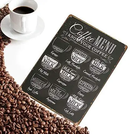 ARTCLUB Coffee Menu Know Your Coffee Latte Espresso Metal Tin Sign, Vintage Antique Plaque Poster Kitchen Home Cafe Wall Decor
