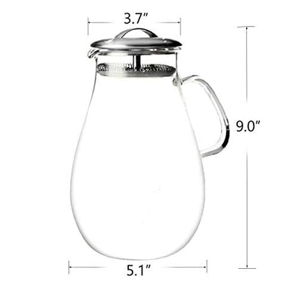 Artcome 65 Oz Large Heat Resistant Water Carafe with Stainless Steel Lid, Borosilicate Glass Beverage Pitcher with Lid