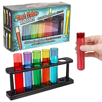ArtCreativity Test Tube Glass Set, 6 Plastic Laboratory Glasses with Carry Tray, Funny Scientific Gifts for Adults, Cool Chemistry Graduation Gag Gift, Unique Drinking Gifts for Men and Women
