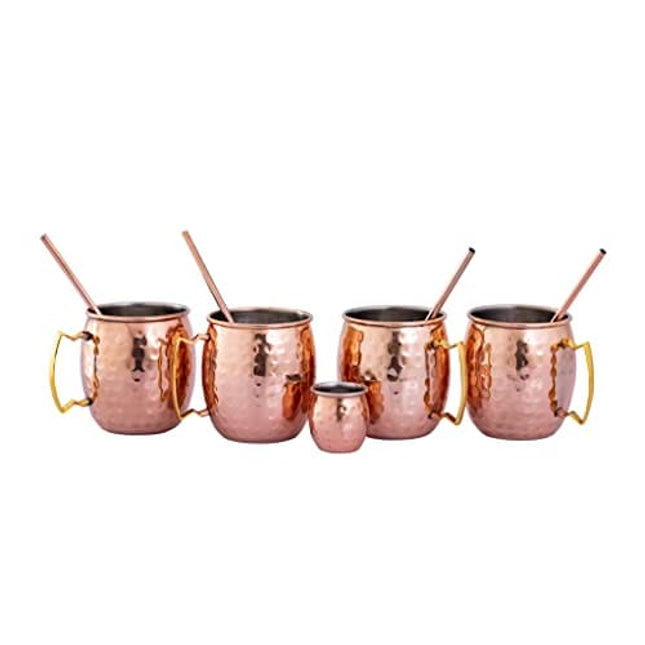 ARTISANS VILLAGE Moscow Mule Copper Mugs: Set of 4 Stainless Steel Lined Copper mugs (16 oz), 4 Straws, and a Shot glass