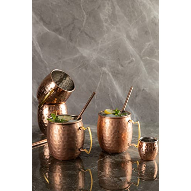 ARTISANS VILLAGE Moscow Mule Copper Mugs: Set of 4 Stainless Steel Lined Copper mugs (16 oz), 4 Straws, and a Shot glass