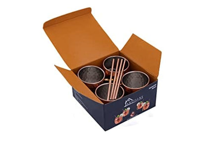 ARTISANS VILLAGE Moscow Mule Copper Mugs: Set of 4 Stainless Steel Lined Copper mugs (16 oz), 4 Straws, and a Shot glass