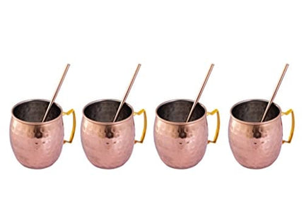ARTISANS VILLAGE Moscow Mule Copper Mugs: Set of 4 Stainless Steel Lined Copper mugs (16 oz), 4 Straws, and a Shot glass