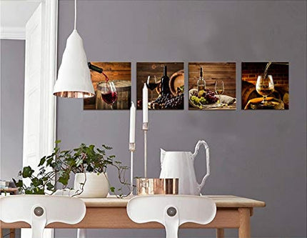 Red Wine Cups HD Modern 4 Panels Framed Wall Art Abstract Giclee Canvas Prints Artwork Contemporary Vintage Pictures Paintings on Canvas Wall Art for Kitchen Home Decorations