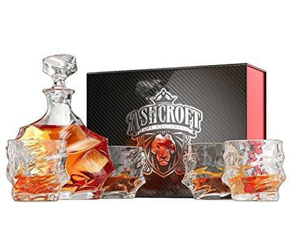 Ashcroft 5-Piece Everest Whiskey Decanter Set. 4 Glasses and Scotch Decanter with Stopper. Unique Elegant Dishwasher Safe Glass Liquor Bourbon Decanter Ultra - Clarity Glassware