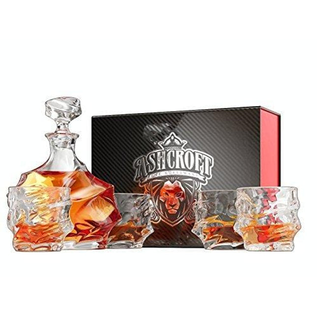 Ashcroft 5-Piece Everest Whiskey Decanter Set. 4 Glasses and Scotch Decanter with Stopper. Unique Elegant Dishwasher Safe Glass Liquor Bourbon Decanter Ultra - Clarity Glassware