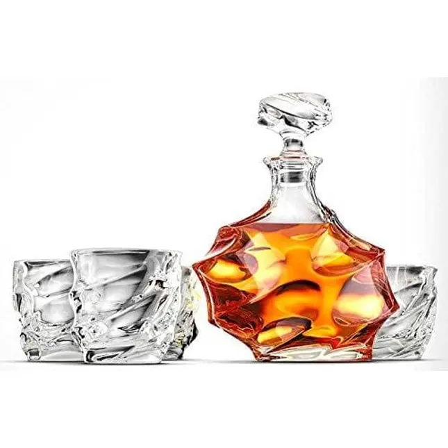 Ashcroft 5-Piece Everest Whiskey Decanter Set. 4 Glasses and Scotch Decanter with Stopper. Unique Elegant Dishwasher Safe Glass Liquor Bourbon Decanter Ultra - Clarity Glassware