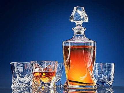 Ashcroft Twist Whiskey Decanter Sets - 5 Piece - Decanter set with 4 glasses - Liquor Decanter set & Scotch Glasses for Men - Whiskey Decanter Set & 4 Liquor Glasses for Rum, Whisky, Bourbon Crystal