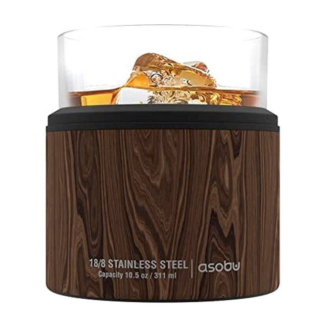 asobu Whiskey Glass with Insulated Stainless Steel Sleeve, 10.5 ounces (Wood)