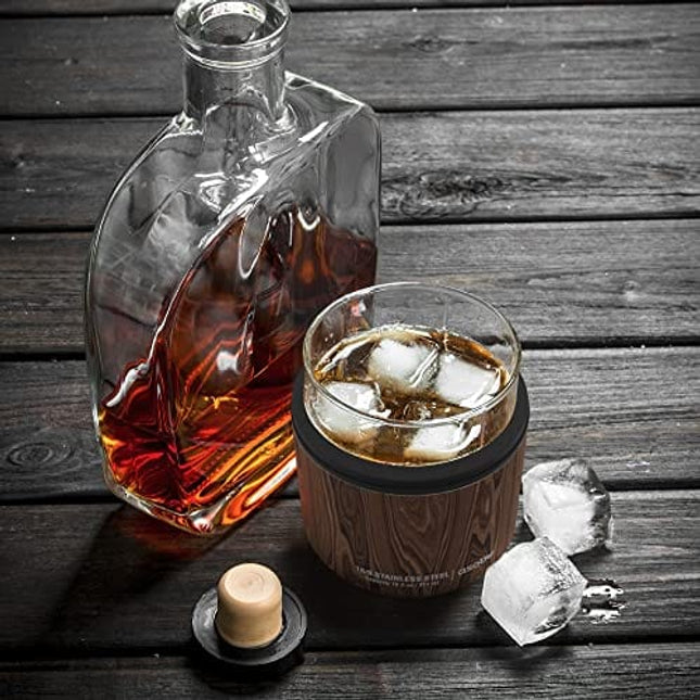 asobu Whiskey Glass with Insulated Stainless Steel Sleeve, 10.5 ounces (Wood)