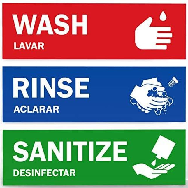 Wash, Rinse, Sanitize Sink Labels - Ideal for 3 Compartment Sink - 2.75" x 9" - Perfect Sticker Signs for Restaurants, Commercial Kitchens, Food Trucks, Bussing Stations, Dishwashing or Wash Station