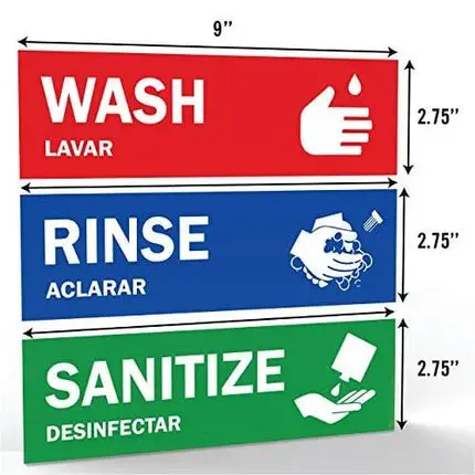 Wash, Rinse, Sanitize Sink Labels - Ideal for 3 Compartment Sink - 2.75" x 9" - Perfect Sticker Signs for Restaurants, Commercial Kitchens, Food Trucks, Bussing Stations, Dishwashing or Wash Station