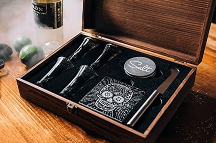 Atterstone Tequila Shot Glass Sugar Skull Wooden Box Set for Men and Women - 4 Premium Shot Glasses, Garnish Knife, Lime Cutting Stone, Salt Tin, Perfect for Themed Parties and Holiday Gifts