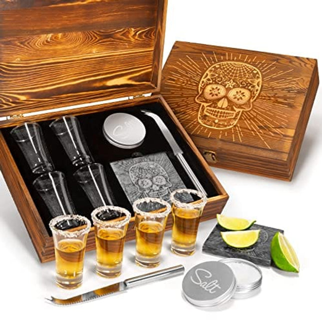 Atterstone Tequila Shot Glass Sugar Skull Wooden Box Set for Men and Women - 4 Premium Shot Glasses, Garnish Knife, Lime Cutting Stone, Salt Tin, Perfect for Themed Parties and Holiday Gifts