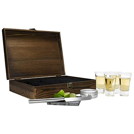 Atterstone Tequila Shot Glass Sugar Skull Wooden Box Set for Men and Women - 4 Premium Shot Glasses, Garnish Knife, Lime Cutting Stone, Salt Tin, Perfect for Themed Parties and Holiday Gifts