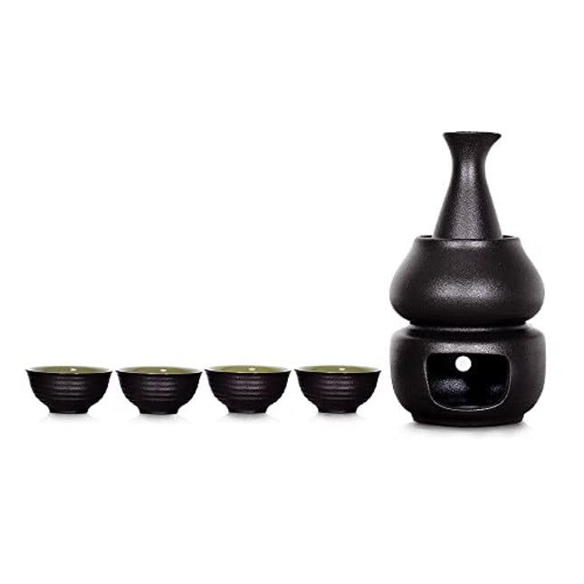 Sake Set with Warmer, KBNI Traditional Pottery Hot Saki Set 7-Piece including 1pc Candle Stove, 1pc Warming Mug, 1pc Sake Pot and 4pcs Sake Cups (Black&Green)