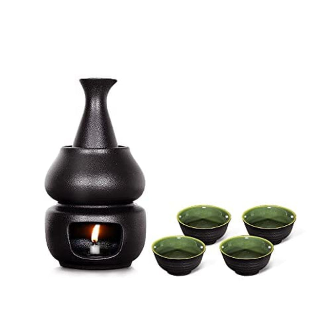 Sake Set with Warmer, KBNI Traditional Pottery Hot Saki Set 7-Piece including 1pc Candle Stove, 1pc Warming Mug, 1pc Sake Pot and 4pcs Sake Cups (Black&Green)