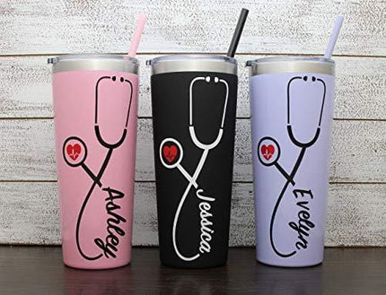 22 oz Nurse's Personalized Stainless Steel Tumbler with Custom Stethoscope Vinyl Decal by Avito - Includes Straw and Lid - Nurse RN - Nurse Gift