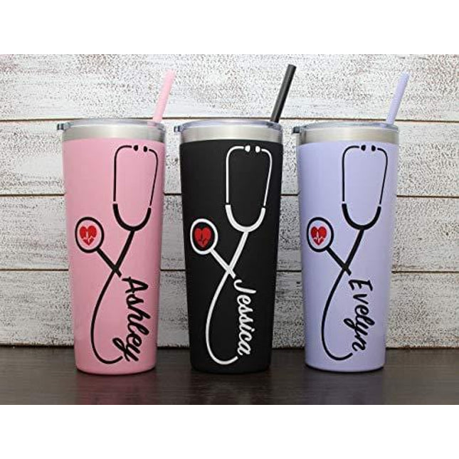 22 oz Nurse's Personalized Stainless Steel Tumbler with Custom Stethoscope Vinyl Decal by Avito - Includes Straw and Lid - Nurse RN - Nurse Gift