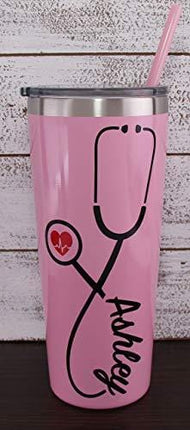 22 oz Nurse's Personalized Stainless Steel Tumbler with Custom Stethoscope Vinyl Decal by Avito - Includes Straw and Lid - Nurse RN - Nurse Gift