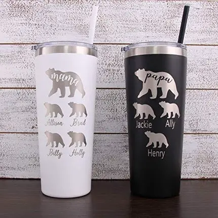 Personalized Laser Engraved 22 oz Stainless Steel Tumbler with Custom Mama/Papa Bear and Cubs - Includes Straw and Lid - Bear, Mama, Papa, Cubs, Parent Gift, Mother's Day Gift, Father's Day Gift