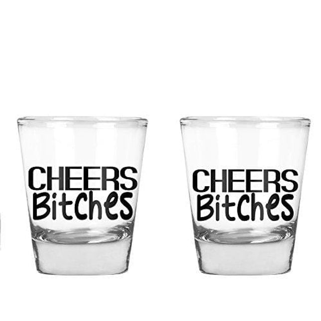 AW Fashions Cheers Bitches - Bachelorette Party Shot Glasses, 21st Birthday Shot Glass - 2 Pack Round Set of Shot Glass