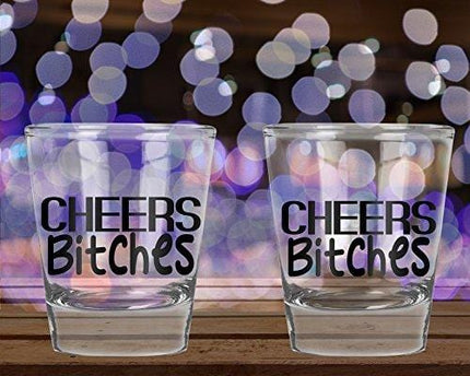 AW Fashions Cheers Bitches - Bachelorette Party Shot Glasses, 21st Birthday Shot Glass - 2 Pack Round Set of Shot Glass