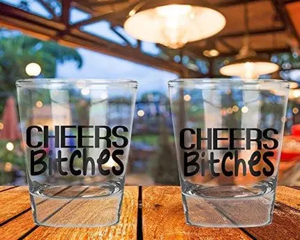 AW Fashions Cheers Bitches - Bachelorette Party Shot Glasses, 21st Birthday Shot Glass - 2 Pack Round Set of Shot Glass