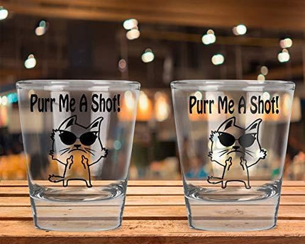 AW Fashions - Purr Me a Shot - Funny Cat Lover Idea - Humorous Middle Finger Cat - 2 Pack Round Set of Shot Glass