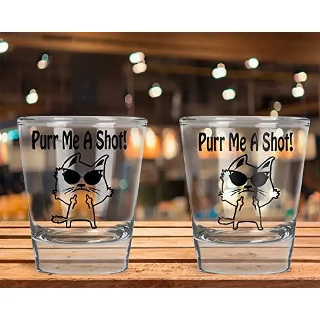 AW Fashions - Purr Me a Shot - Funny Cat Lover Idea - Humorous Middle Finger Cat - 2 Pack Round Set of Shot Glass