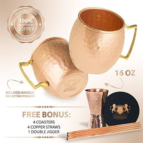 will's Moscow Mule Copper Mugs - Set of 4-100% Pure Solid Copper Mugs - 16  oz Premium Gift Set with 4 Cocktail Copper Straws, Shot Glass and Recipe