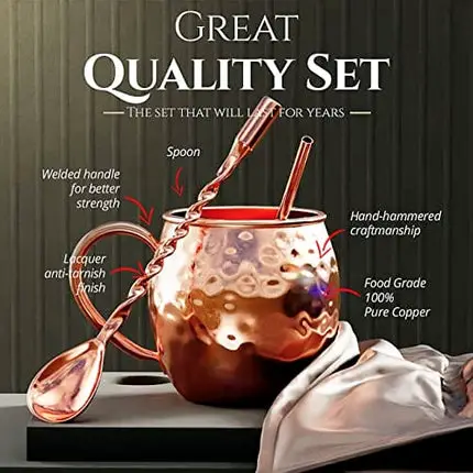 B. WEISS [CHRISTMAS GIFT SET] Moscow Mule Mugs Set+| SHOT GLASS| STRAWS| COASTERS| SPOON | Set Of 4 Pure copper Cups,16 Oz HANDCRAFTED-Premium Quality