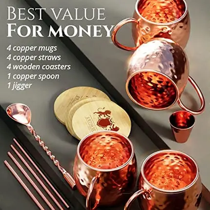 B. WEISS [CHRISTMAS GIFT SET] Moscow Mule Mugs Set+| SHOT GLASS| STRAWS| COASTERS| SPOON | Set Of 4 Pure copper Cups,16 Oz HANDCRAFTED-Premium Quality