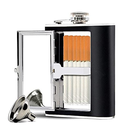 Sunnyac Stainless Steel Hip Flask, Leak-proof Hidden Flask with Cigarette Case and Leather Wrapped Cover, Including a Funnel and White Box, Black (6 Ounce)